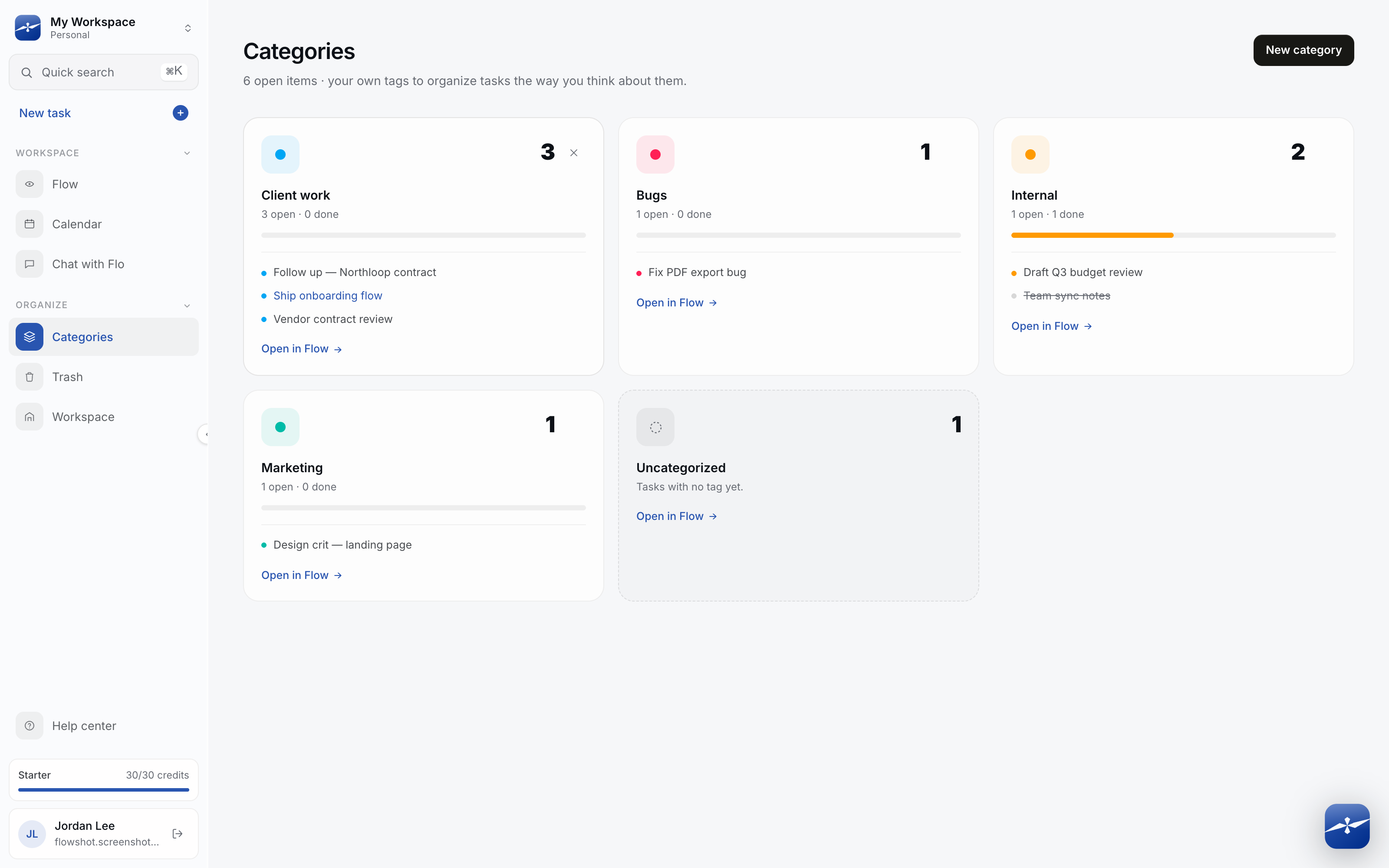 Flowshot — Categories